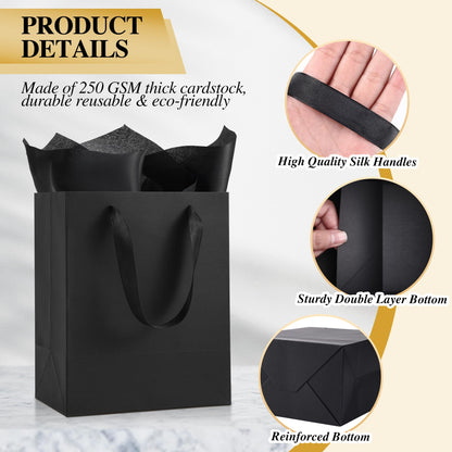 PASEOTA 4 Pack Black Gift Bags with Handles and Tissue Paper, 10" x 8" x 5" Small Black Paper Bags for Men Women Birthday Party Wedding Baby Shower Father's Day (BK-S, 4 Pcs)