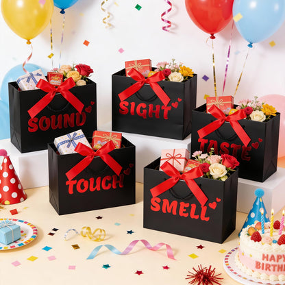 5 Senses Gift Bags for Him with Labels, 9"x4"x7" Gift Bag Tissue Paper Bow Ribbon Happy Birthday Decorations Kit with Banner, Balloons, Rose Petals, Card for Men, Women, Wedding, Valentine's Day