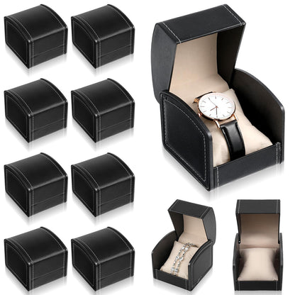 10 Packs Single Grid Watch Box with Pillow, PU Leather Gift Case for Bracelet, Jewelry Wristwatch Storage, Watches Display Holder for Men and Women, Single Watch Roll Organizer, Black