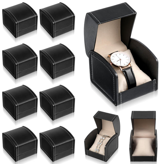 10 Packs Single Grid Watch Box with Pillow, PU Leather Gift Case for Bracelet, Jewelry Wristwatch Storage, Watches Display Holder for Men and Women, Single Watch Roll Organizer, Black