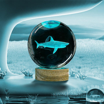 3D Crystal Ball Night Light with Wooden Base, 3.15" Shark Glass Ball Lamp, 16 Colors, Remote Control, Cool Desk Decor