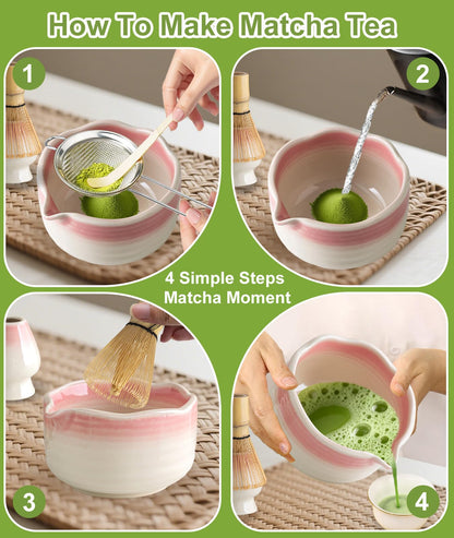 JBER Matcha Whisk Set, Ceramic Matcha Set Includes Bowl & Holder, Bamboo Whisk (Chasen), Sifter, Scoop, Spoon & Rest - 7PCS Matcha Kit Gift for Matcha Lovers & Beginners, Gradient Pink