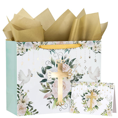 WRAPAHOLIC 13" Large Religious Gift Bag with Card and Tissue Paper - Gold Foil Floral Cross Design for First Communion, Easter, Baby Baptisms, Christenings