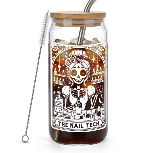Nail Tech Gift for Women,Cool Gothic Skeleton Nail Artist Tumbler,16 oz Coffee Glass Cup with Lid and Straw, Funny Manicurist Gift for Nail Technician, Includes Cleaning Brush