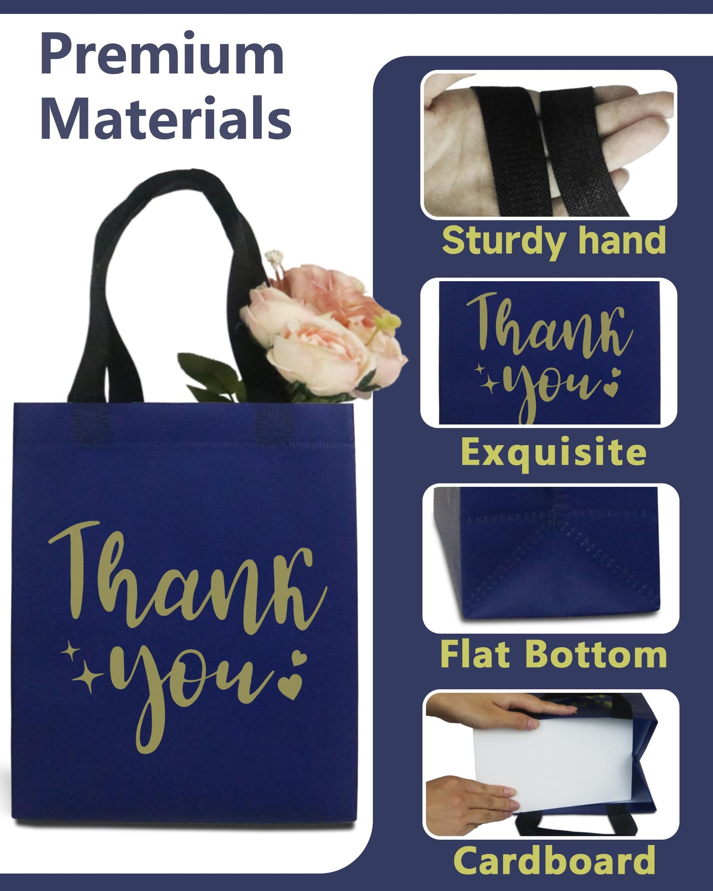 12 Navy Blue Thank You Gift Bags - Sturdy, Reusable, Medium 8x5x10 with Handles, Non-Woven for Weddings, Teachers, Father's Day, Parties, Birthdays & Graduations