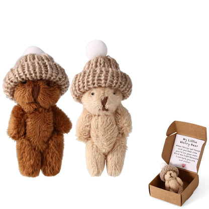 2 Sets Little Worry Bear in Box Tin with Hat, Handmade Positive Mini Pocket Bear with Encouragement Card Inspirational Toy for Friends Family Coworkers Gift (Khaki, Dark Brown)