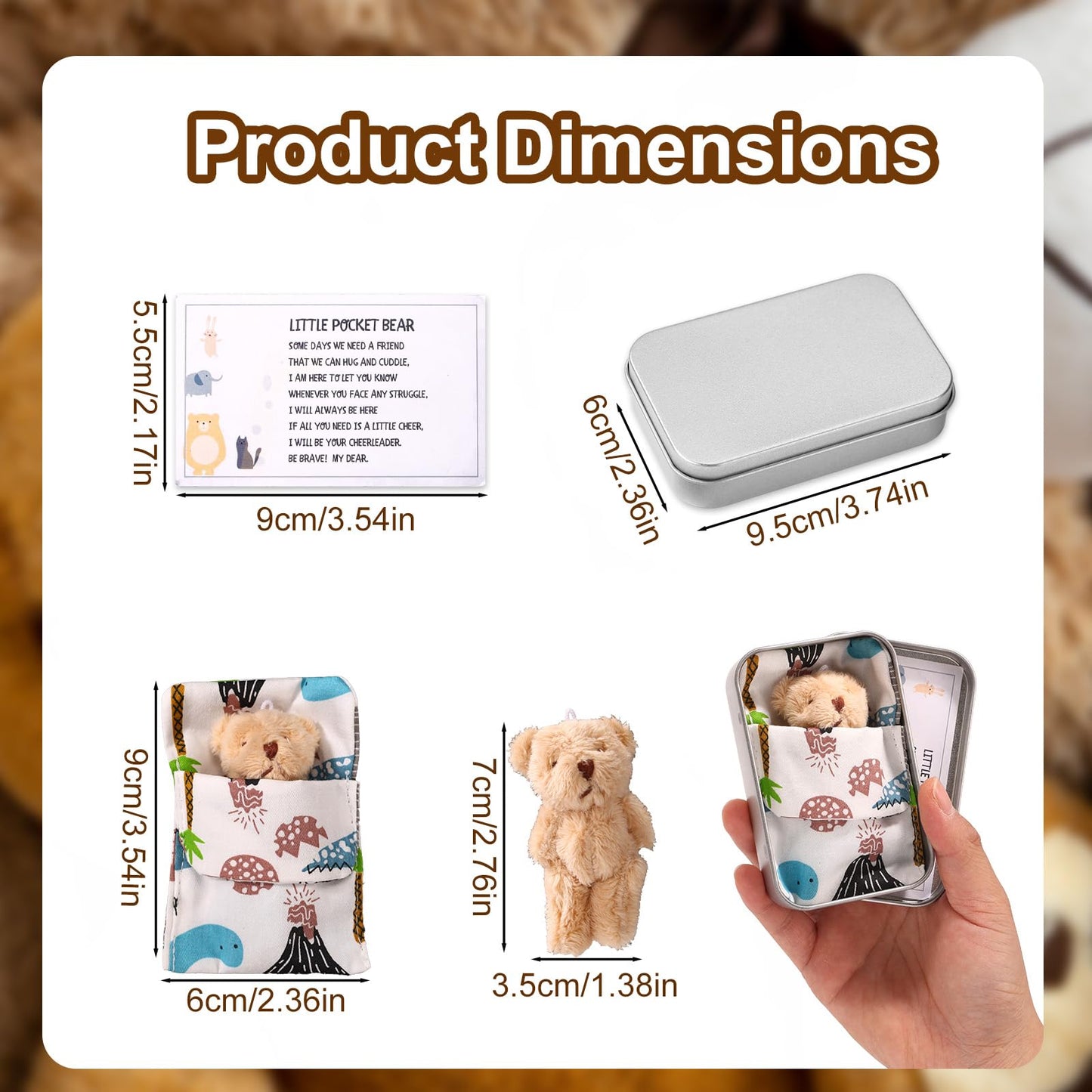 TOYMIS Little Pocket Bear Set, Adorable Mini Plush Bears with Inspirational Card Sleeping Blanket & Iron Box for Friends Encouragement Party Favor (Khaki Bear & Blue Sleeping Blanket)