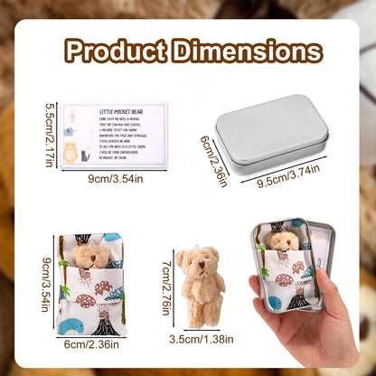 TOYMIS Little Pocket Bear Set, Adorable Mini Plush Bears with Inspirational Card Sleeping Blanket & Iron Box for Friends Encouragement Party Favor (Khaki Bear & Blue Sleeping Blanket)