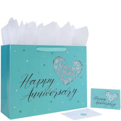 16.5” Extra Large Gift Bag Set with Handles, Greeting Card, Tissue Papers and Stickers for Valentine's Day, Anniversary Women Men Husband Wife Boyfriend Girlfriend or Romantic Partner, Heart Design, 1 Pcs