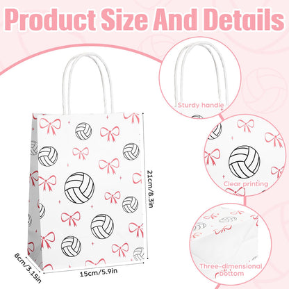 Spiareal 24 Pcs Volleyball Paper Gift Bags with Handles, Volleyball Party Favors Snack Goodies Pink Bow Bags for Team Sport Birthday Themed Party for Decorations, Game Celebration