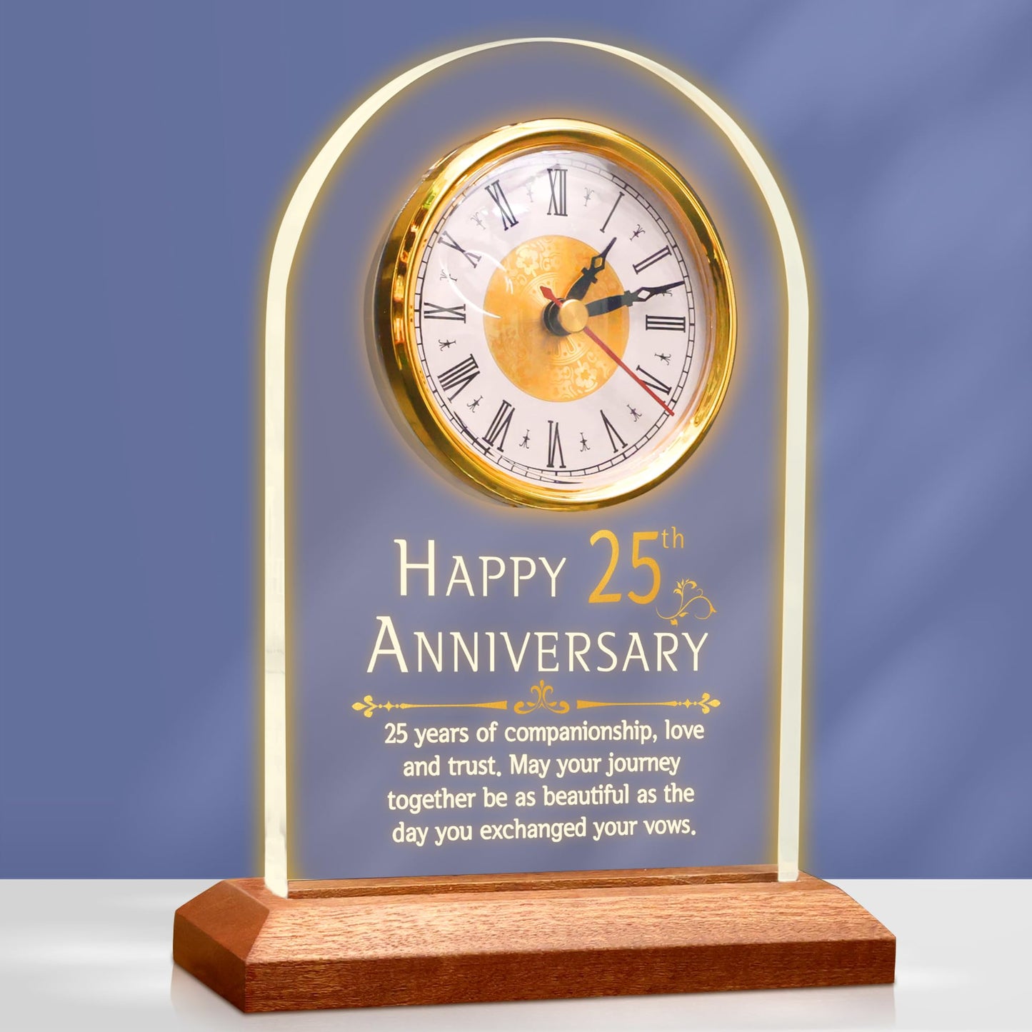 OkiyiD Light Up 25th Anniversary Wedding Gifts Quartz Clock with Wooden Base,25 Years Silver Wedding for Couple,Parents,Soft Warm White Lighting 25th Anniversary Decoration Gifts