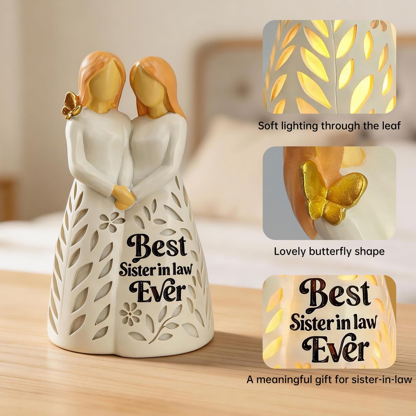 Sister in Law Gifts, Best Sister in Law Ever Figurine Light with Remote Control - Mothers Day Birthday Christmas Wedding Gifts for Women, Cream-White Resin Lamp (No Batteries Included)