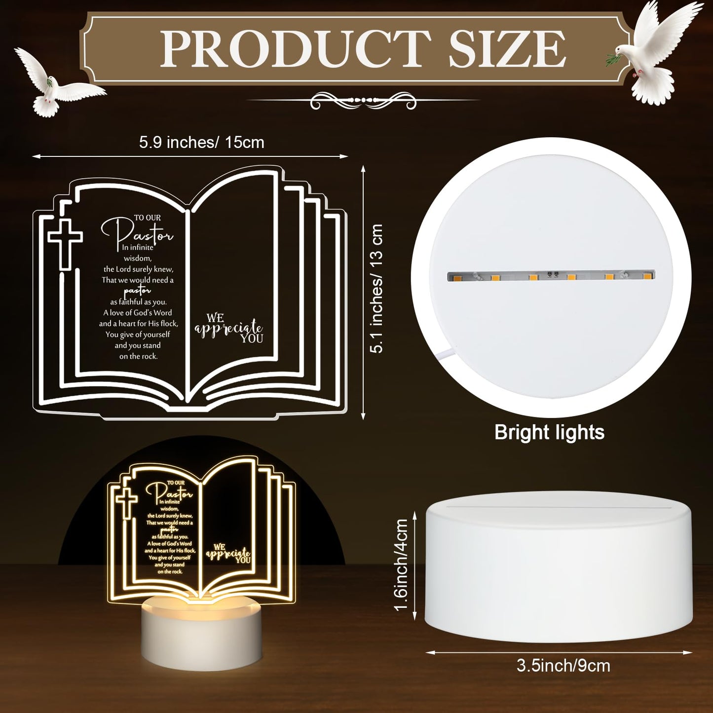 Kosiz 1 Pcs Pastor Appreciation Gifts LED Night Light Fathers Day Pastors Gift for Men Women Acrylic Clergy Lamp with Base Bible Verse for Father Church Christian Birthday Anniversary Graduation