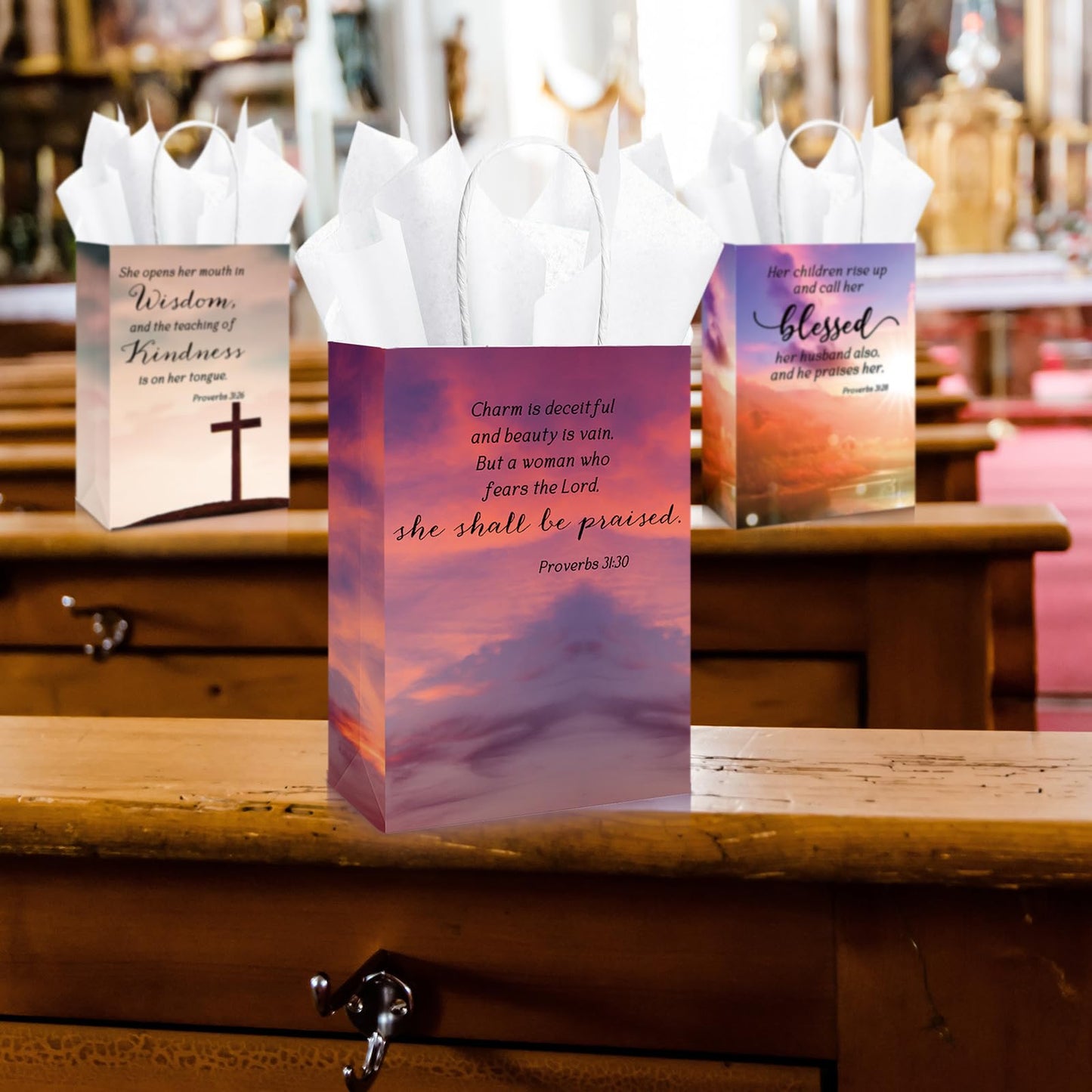 Moinchore 50 Sets Fathers Day Christian Gifts Bags Bulk with Tissue Religious Bible Verse Church Baptism Paper Gifts Bags for Men Women with Handle for Church Welcome Visitors, 4 Styles