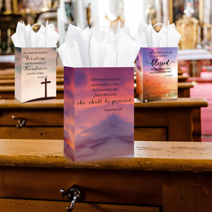 Moinchore 50 Sets Fathers Day Christian Gifts Bags Bulk with Tissue Religious Bible Verse Church Baptism Paper Gifts Bags for Men Women with Handle for Church Welcome Visitors, 4 Styles