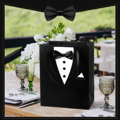 Chuangdi 8 Pcs Groomsmen Gift Bags with 3D Tuxedo Design 8 x 4.5 x 10 Inch with Handle Groomsmen Paper Gift Bags for Wedding Bachelor Birthday Party Favor Anniversary Supplies (Black)