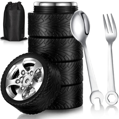 Yungyan 3 Pcs Tyre Water Bottle Gift for Man Fathers Day Car Coffee Mug Gifts Stainless Steel Coffee Tea Mug with Tool Fork and Spoon for Fathers Day Car Lover Birthday Gift