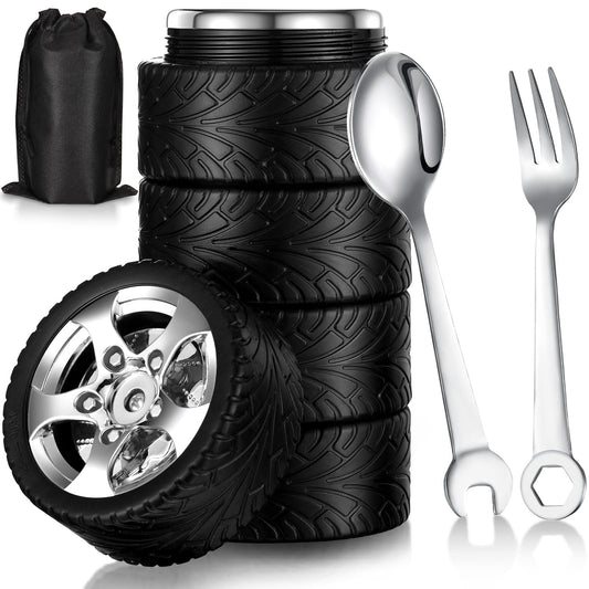 Yungyan 3 Pcs Tyre Water Bottle Gift for Man Fathers Day Car Coffee Mug Gifts Stainless Steel Coffee Tea Mug with Tool Fork and Spoon for Fathers Day Car Lover Birthday Gift