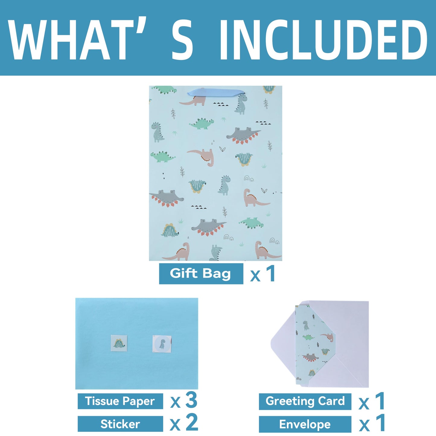 Qirrmiy 16.5'' Extra Large Dinosaur Gift Bag Set with Handles, Greeting Card, Blue Tissue Papers and Stickers for Boys Kids Teens for Birthday, Baby Shower, Baby Boy, Dinosaur-themed Design, 1 Pcs