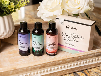 Essential Message Oil Gift Set – Serenity Trio Sooth, Calm, Relief Includes Lavender, Peppermint & Eucalyptus Massage Oil Blends 80 ML in Beautiful Packaging – Great Gift for Women