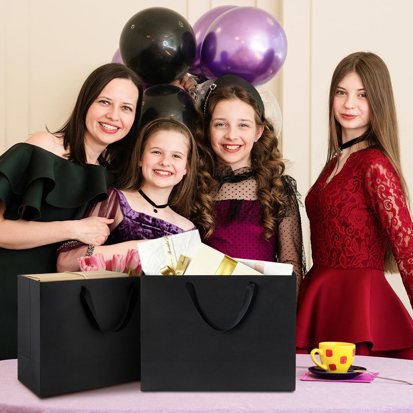 Ohuimrt 12-Count Extra Large Black Gift Bags with Tissue Paper, 16x6x12 Inch Premium Matte Black Paper Bags with Handles for Party Shopping Birthday Wedding