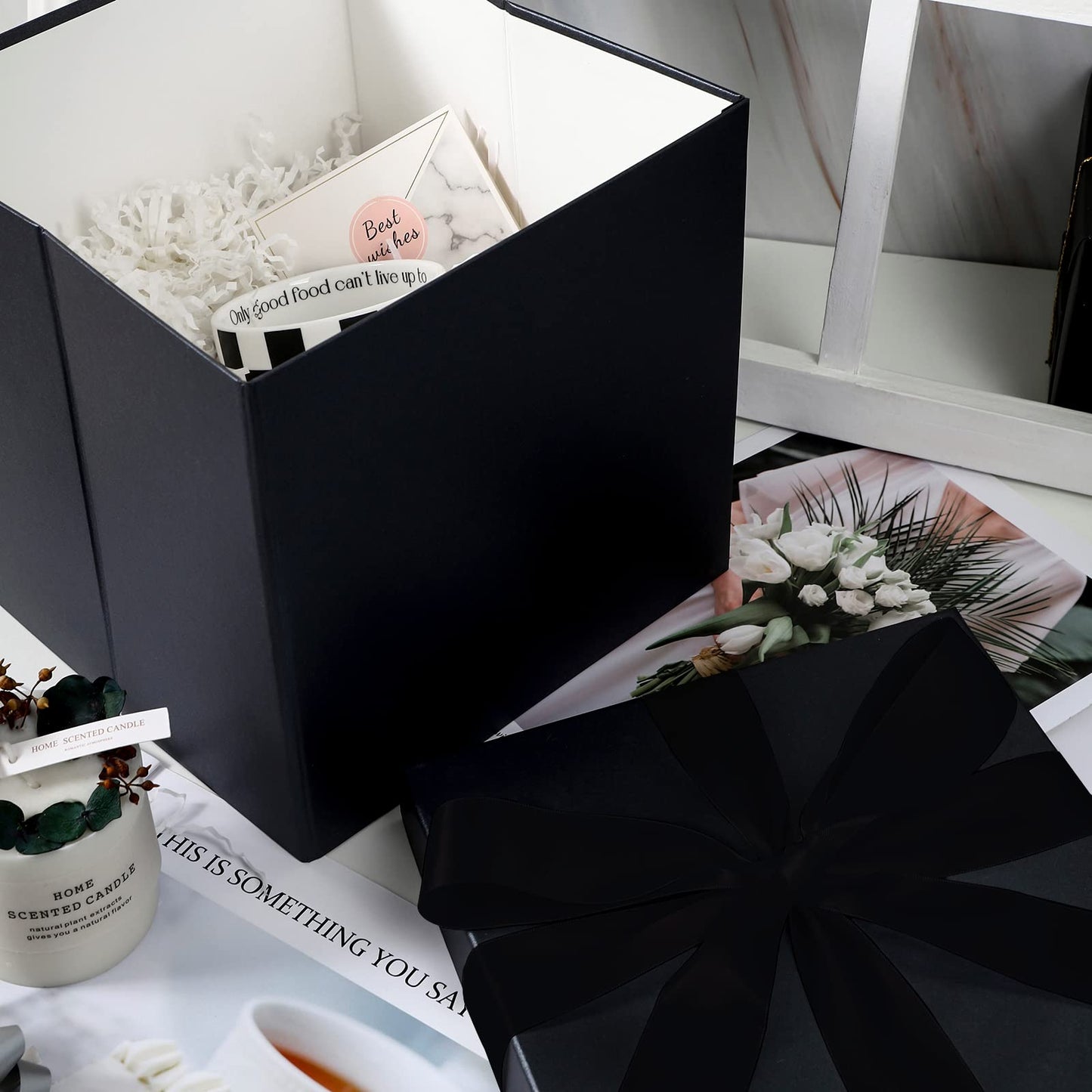 RUSPEPA Black Medium Gift Box with Lids, Ribbon and Tissue Paper, Collapsible Gift Box Perfect for Birthday, Graduation, Father's Day, Wedding and Groomsmen Gifts, 10x10x10 Inches, 1 Pcs