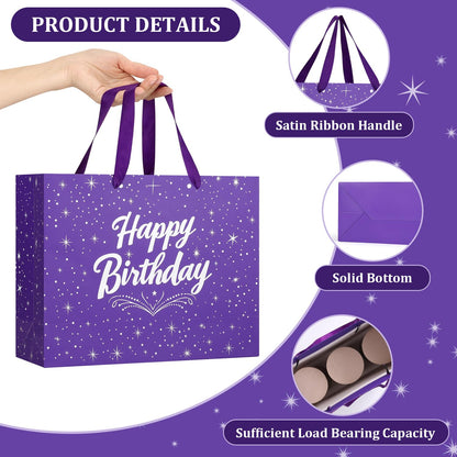 13" Purple Happy Birthday Gift Bag with Tissue Paper and Greeting Card for Party,Happy Birthday Gift Bag for Men Women,Gift Bags Medium size