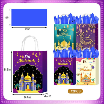 CMSSHUAI 12 Pcs Eid Mubarak Gift Bags, Ramadan Gift Bags Paper Eid Goody Bags with Handles Ramadan Treat Party Favors Supplies Eid Party Decoration