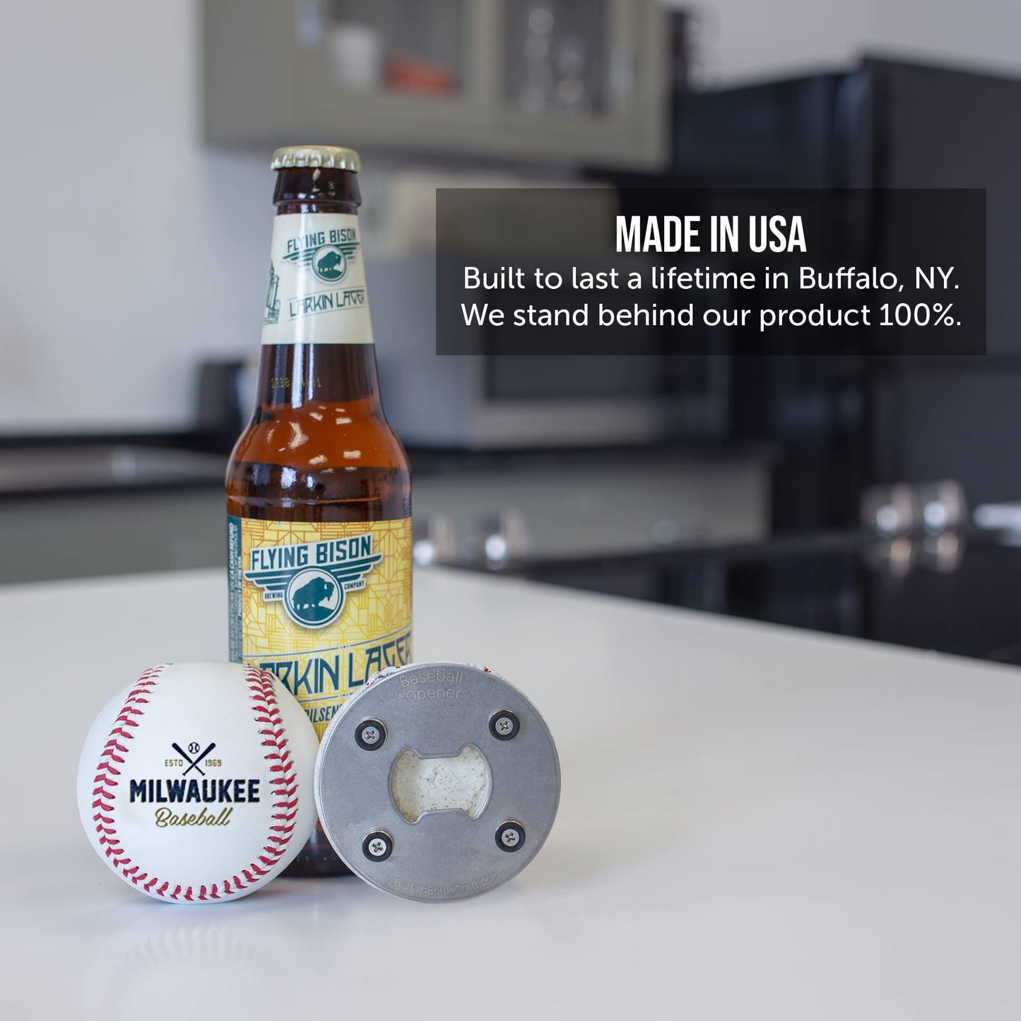 Milwaukee Beer Bottle Opener - Real Baseball Leather, Magnetic & Cap Catcher - Cool Gadget Gift for Men