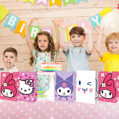 12 Pcs Cute Party Favor Bags, 4 Patterns Double Sided Printed Candy Goodie Treat Bags with Handle, Cartoon Pink Birthday Party Supplies for Kids