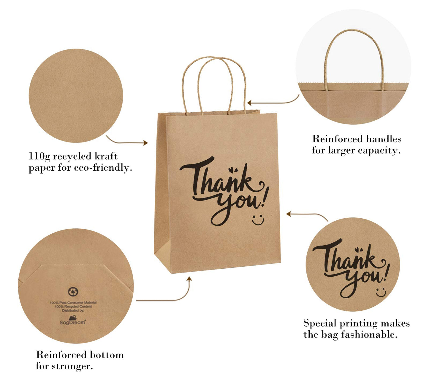 BagDream Brown Gift Bags 8x4.25x10.5 25Pcs Thank You Paper Gift Bags with Handles for Shopping, Wedding Birthday Party Favor, Retail, Merchandise, Business, Recycled Kraft Medium Paper Sacks