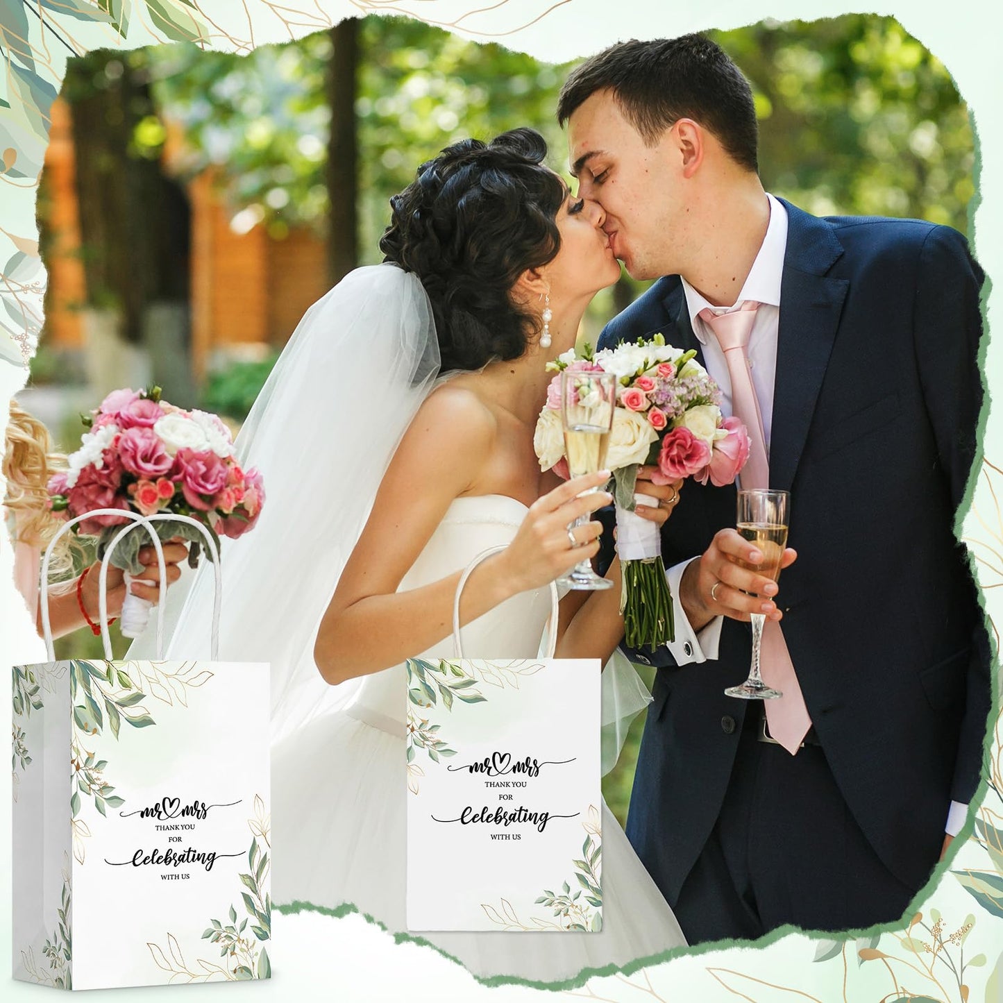 Cholemy 50 Pcs Wedding Welcome Gift Bags Bulk with Handles Thank You Kraft Paper Bags for Guests Wedding Birthday Bridal Shower Baby Shower Party Favors Supplies, 5.91 x 3.15 x 8.27 Inches