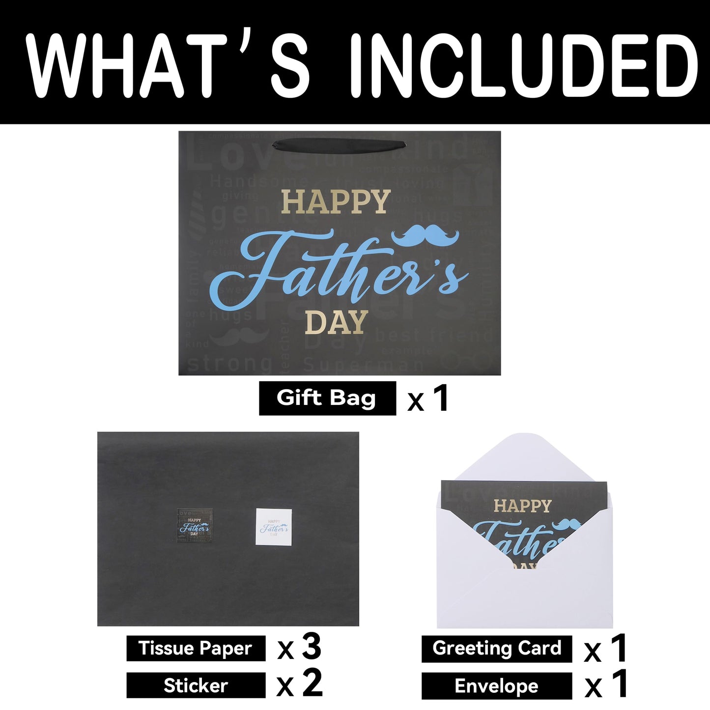 Qirrmiy 16.5'' Extra Large Father's Day Bag Gift Bag Set with Handles, Greeting Card, Black Tissue Papers and Stickers for Men for Best Dad Ever, Dad Day, Father's Day Design, 1 Pcs