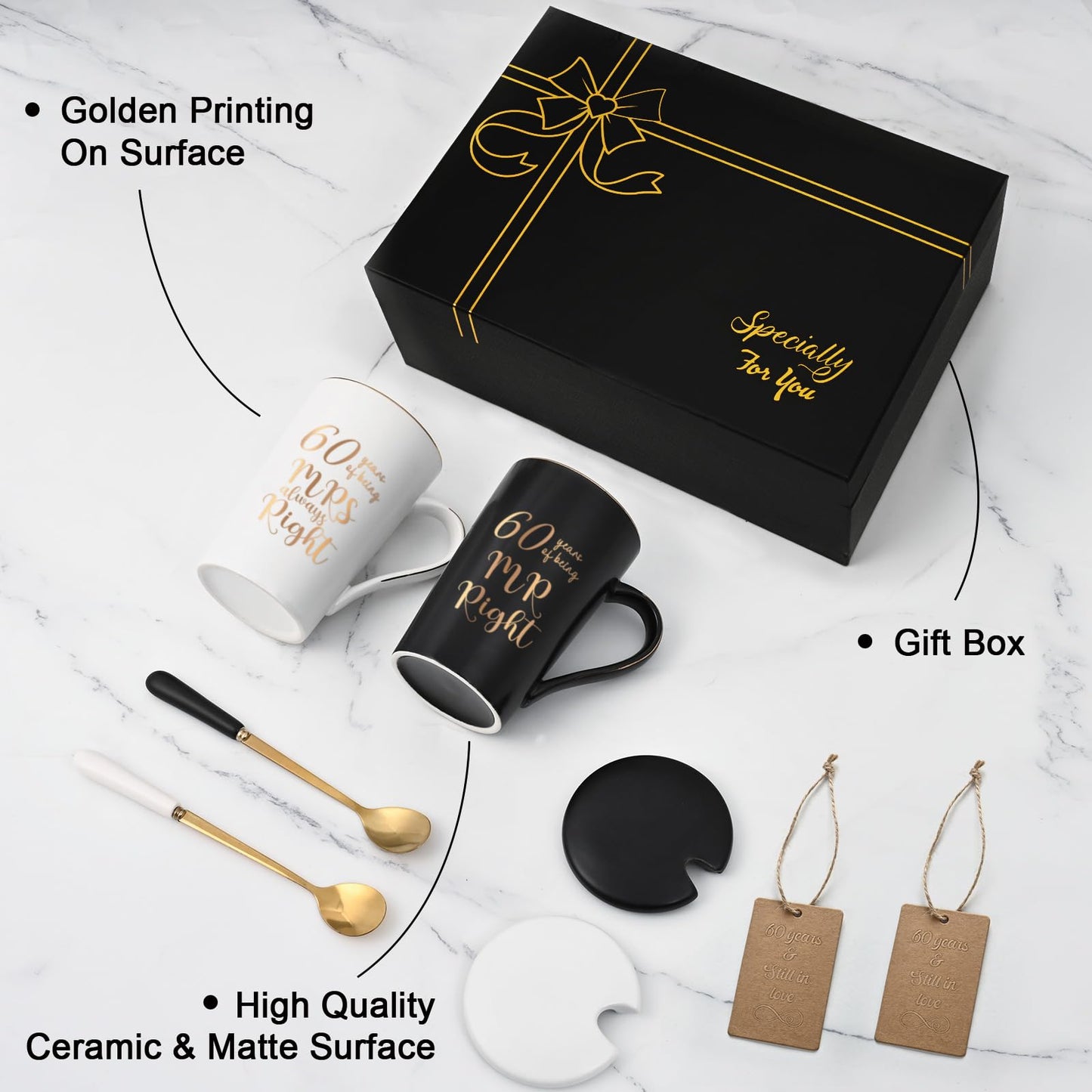 YHRJWN 60th Wedding Gifts, 60 Years of Being Mr & Mrs Always Right Mug Set 14Oz with Lids Spoons and Gift Box, Christmas Anniversary Presents for Parents Couple