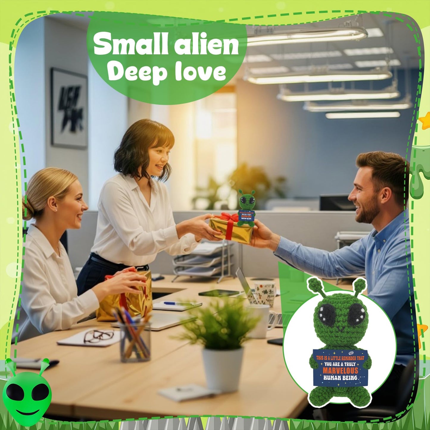 Fun Crochet Alien Handmade with Encouraging Card Cool Praise Gifts for Family Friends Teachers and Science Fiction Fans