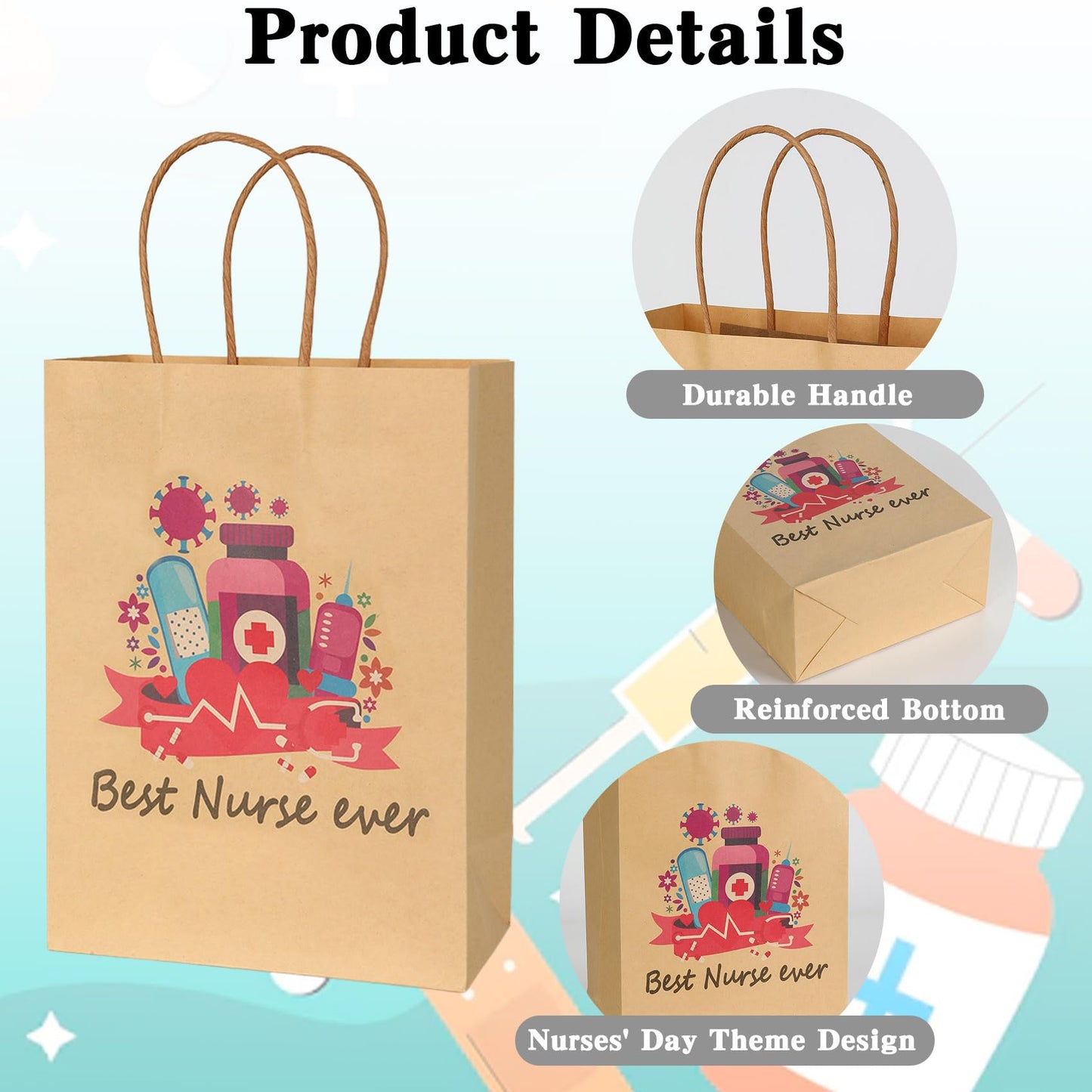Nurse Gift Bag, 12 Pack Nurse Kraft Paper Treat Bags Nurses Week Gift Wrap Bags Healthcare Worker Goodie Bags Medical Assistant Gifts Bags with Handles for Nursing Day Medical Staff Gifts Supplies