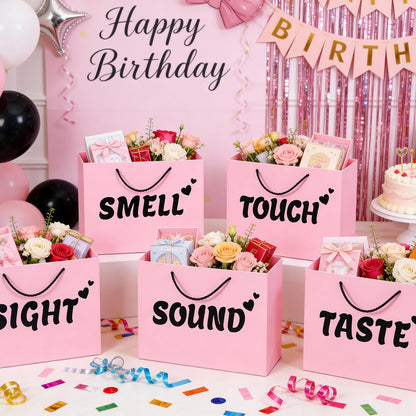 5 Senses Gift Bags for Him with Labels, 12.6"x 9.8"x 4.2" Gift Bag Tissue Paper Happy Birthday Decorations Kit with Banner, Balloons, Rose Petals, Card for Men, Women, Wedding, Valentine's Day