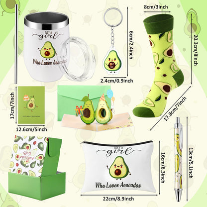 6 Pcs Funny Gift Baskets for Women Girls Pickle Avocado Socks with Vegetable Animals Makeup Bag Insulated Tumbler Keychain Greeting Card Pen for Christmas Birthday Party(Avocados)