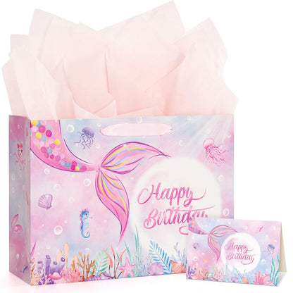 WERNNSAI Mermaid Birthday Bag – 13” Large Birthday Gift Bags for Girls with Greeting Card, Tissue Paper and Handles – Mermaid Gift Bag for Girls' Party