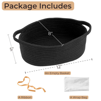 Small Woven Gift Basket Empty with Bag & Ribbon - Gifts for Mom, Baby Shower, Birthdays & Raffle - Cotton Rope Storage Basket for Dog Toys or Shelf - 12"x8"x5", Black