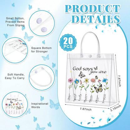 Dansydaisy 20 Pcs Christian Gift Bags with handle God Says You Are Bible Verse Floral Clear PVC Goodie Candy Treat Tote Bags for Religious Faith Spiritual Baptism Christmas Themed Party Supplies