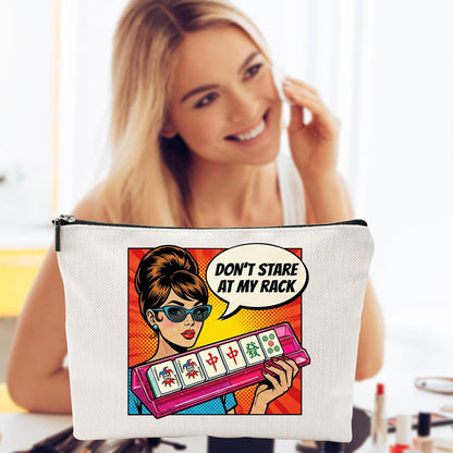 ZUYUROU Funny Mahjong Gifts for Women - Don't Stare At My Rack Makeup Bag - Retro Pop Art American Mahjong Accessories - Zipper Pouch for NMJL Card, Tiles, and Cosmetics - Unique Game Night Prize
