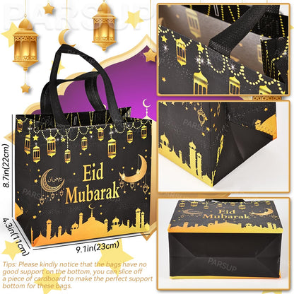 PARSUP 8PCS Eid Mubarak Reusable Gift Bags, Assorted Sizes Non-Woven Party Treat Bags with Handles for Gifts Wrapping, Party Supplies