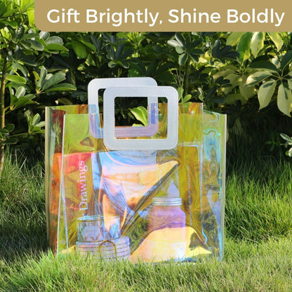 VUOJUR Holographic Large Gift Bag 12.8x11.6x5.7'' Clear Reusable Birthday Gift Bag for Women Girls Iridescent Bachelorette Wedding Christmas with Handle