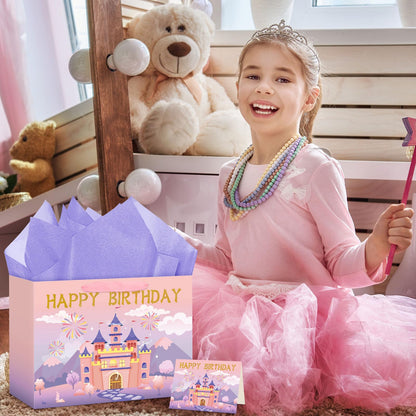 Hooqict Large Princess Gift Bag Birthday Gift Wrap Bag with Ribbon Handles, Tissue Paper, Greeting Card for Kids Girls Women Castle Princess Birthday Party Decorations Favor (Pink and Purple)
