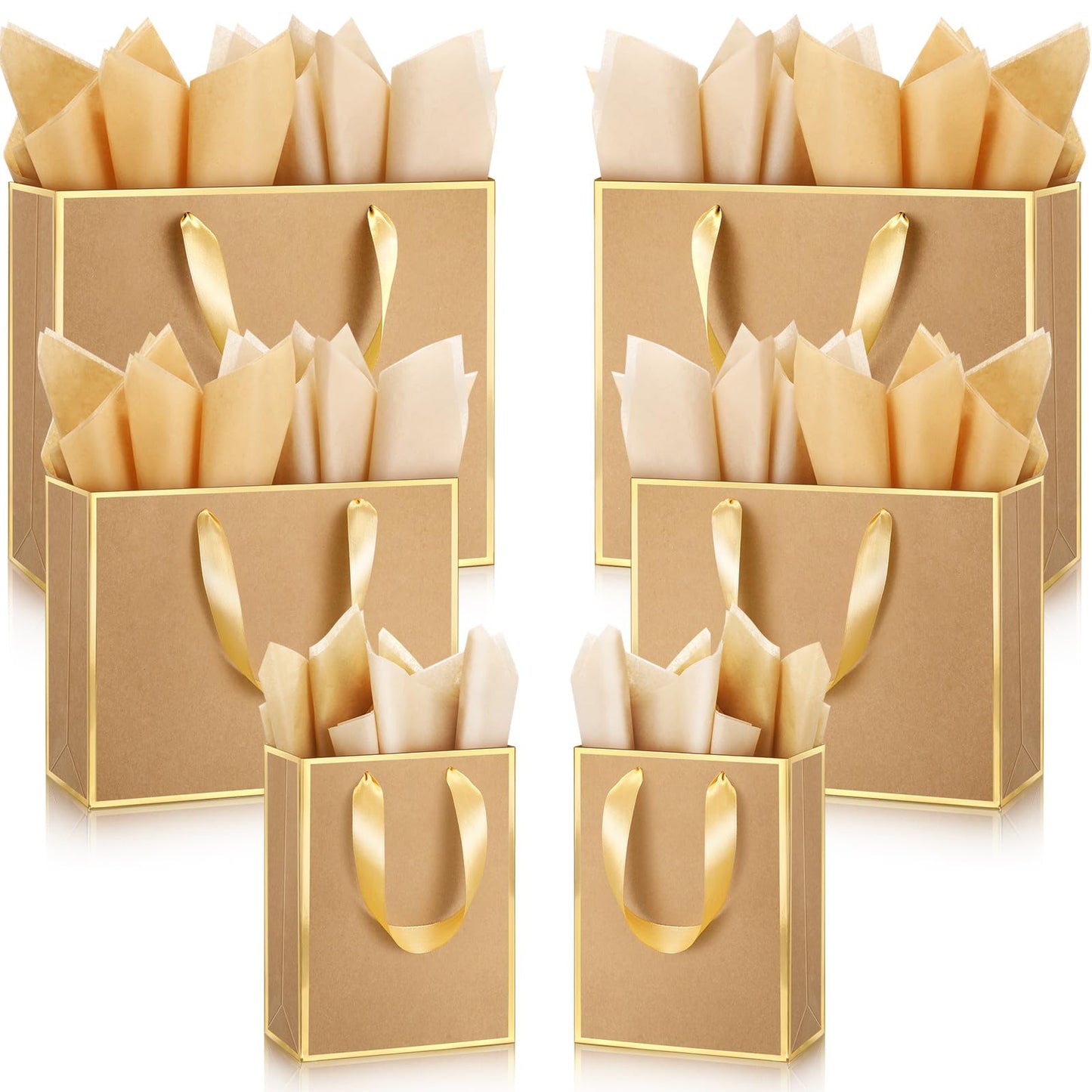 Yeaqee 12 Pcs Metallic Paper Gift Bag with Handle Tissue Paper Assorted Size Include 8" 10" 13" Thank You 5 Senses Gift Bag for Him Her Birthday Wedding Groomsmen Bridesmaid(Kraft,Gold)
