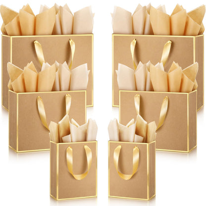 Yeaqee 12 Pcs Metallic Paper Gift Bag with Handle Tissue Paper Assorted Size Include 8" 10" 13" Thank You 5 Senses Gift Bag for Him Her Birthday Wedding Groomsmen Bridesmaid(Kraft,Gold)