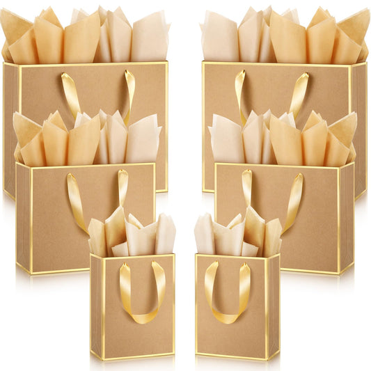 Yeaqee 12 Pcs Metallic Paper Gift Bag with Handle Tissue Paper Assorted Size Include 8" 10" 13" Thank You 5 Senses Gift Bag for Him Her Birthday Wedding Groomsmen Bridesmaid(Kraft,Gold)