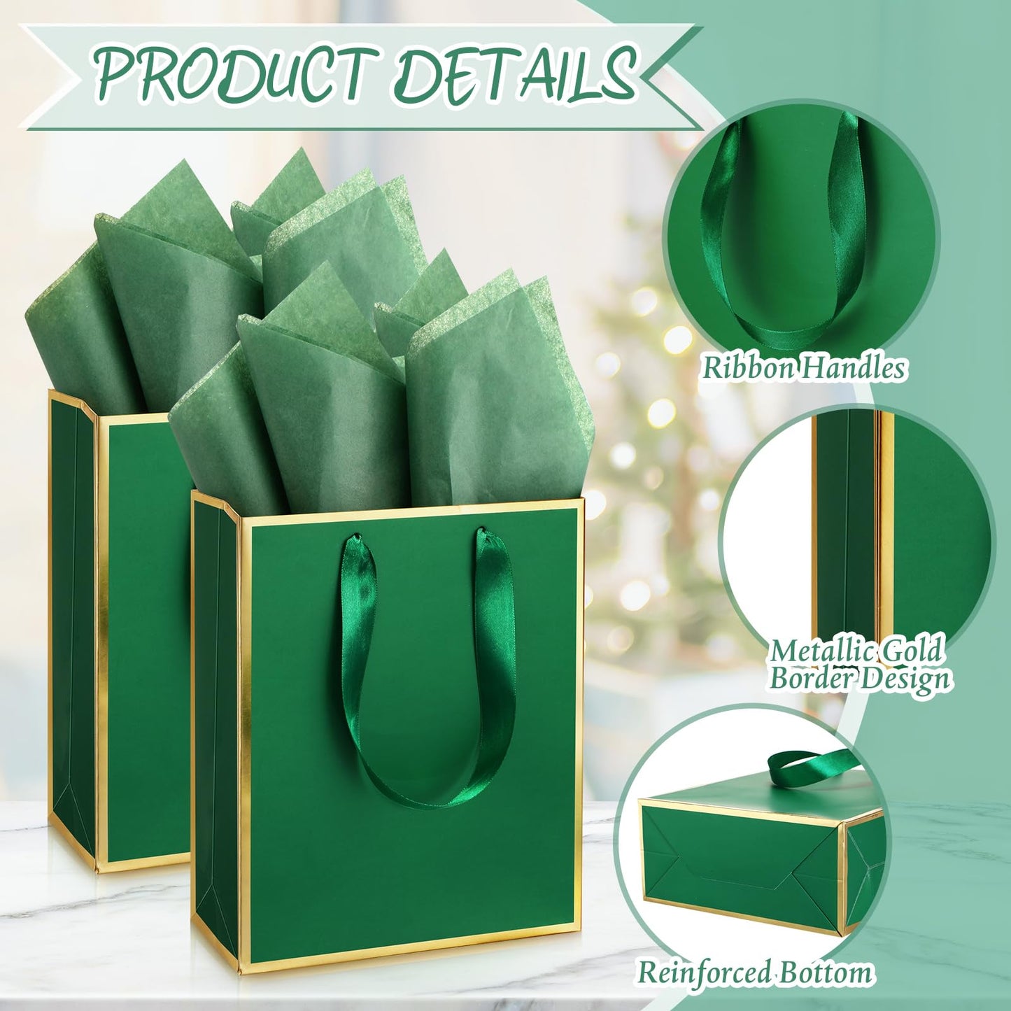 Yeaqee 10 Pack Metallic Paper Gift Bags with Handle Tissue Paper Thank You 5 Senses Gift Bag for Birthday Wedding Baby Shower Groomsmen Bridal Graduation Party Favor 9 x 7 x 3.15''(Green, Gold)