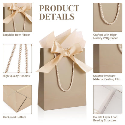 Ethhqu 12 Pack Small Gift Bags with Handles Include Tissue Papers & Cards, 9x7x3.15'' Thank You Gift Bags for Bridesmaids, Birthday, Baby Shower, Wedding, Anniversary, Mother’s Day (Champagne)
